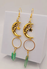 Load image into Gallery viewer, Green Celestial Aura Quartz Earrings Handmade, Moon & stars