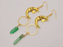 Load image into Gallery viewer, Green Celestial Aura Quartz Earrings Handmade, Moon & stars