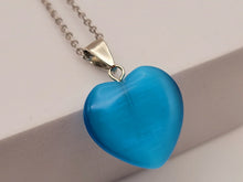 Load image into Gallery viewer, Natural Heart Shaped Pink Cat Eye Handmade Pendant Necklace Blue Cat Eye