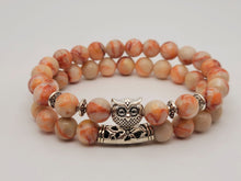 Load image into Gallery viewer, Radiant Peach Aventurine Owl Bracelet Set 8mm Stretch Beads, 2-Piece Pairing Set