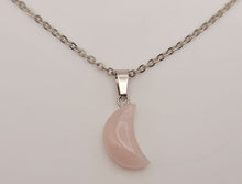 Load image into Gallery viewer, Crystal Necklace Silver Tone Moon Shaped Rose Quartz Healing Crystal