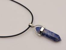 Load image into Gallery viewer, Blue Soladite Handmade Point Necklace Hexagon Chain Silver wire wrapped Leather Chain