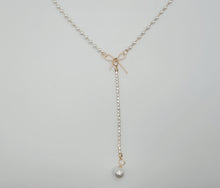 Load image into Gallery viewer, Dainty Pearl Drop Necklace, Minimalist Gold Filled Lariat, Bridesmaid Gift