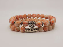 Load image into Gallery viewer, Radiant Peach Aventurine Owl Bracelet Set 8mm Stretch Beads, 2-Piece Pairing Set