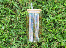 Load image into Gallery viewer, Rainbows & Hearts Cup Iced Coffee Cup Glass - Retro Glass Jar