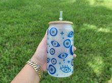 Load image into Gallery viewer, Evil Eye Beer Can Glass | Boho Coffee Glass | Aesthetic Coffee Glass | 16 oz