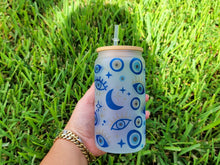 Load image into Gallery viewer, Evil Eye Beer Can Glass | Boho Coffee Glass | Aesthetic Coffee Glass | 16 oz