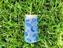 Load image into Gallery viewer, Evil Eye Beer Can Glass | Boho Coffee Glass | Aesthetic Coffee Glass | 16 oz