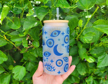 Load image into Gallery viewer, Evil Eye Beer Can Glass | Boho Coffee Glass | Aesthetic Coffee Glass | 16 oz