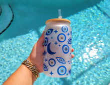 Load image into Gallery viewer, Evil Eye Beer Can Glass | Boho Coffee Glass | Aesthetic Coffee Glass | 16 oz