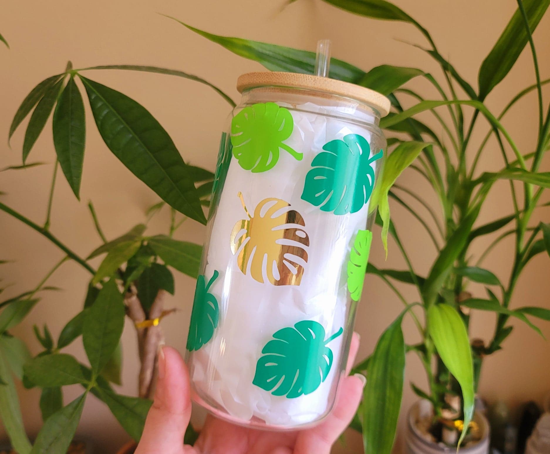 Monstera Leaf Glass Water Bottle, Glass Water Bottle