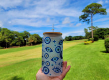 Load image into Gallery viewer, Evil Eye Beer Can Glass | Boho Coffee Glass | Aesthetic Coffee Glass | 16 oz