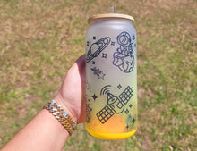 Load image into Gallery viewer, Space Astronaut and Alien Beer Can Glass | Boho Coffee Glass | Aesthetic Coffee Glass