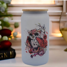 Load image into Gallery viewer, Owl Beer Can Glass | Boho Colorful Owl Coffee Glass | Aesthetic Coffee Glass | 16 oz