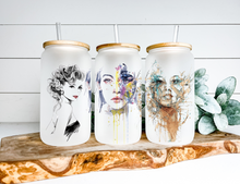 Load image into Gallery viewer, Cute & Trendy woman Beer Can Glass | Boho Coffee Glass | Aesthetic Art Lover