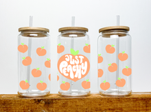 Load image into Gallery viewer, Just Peachy (Peaches) Themed Iced Coffee Cup Glass - Trendy Glass Jar
