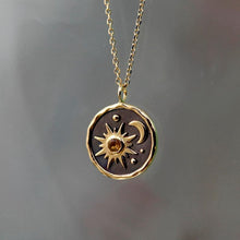 Load image into Gallery viewer, Sun and Moon necklace, 18mm gold plated pewter charm, Necklace