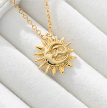 Load image into Gallery viewer, Sun and Moon necklace, 18mm gold plated pewter charm, Sun Moon soulmate, Beautiful handmade necklace