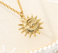 Load image into Gallery viewer, Sun and Moon necklace, 18mm gold plated pewter charm, Sun Moon soulmate, Beautiful handmade necklace