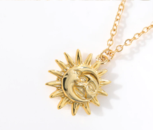 Load image into Gallery viewer, Sun and Moon necklace, 18mm gold plated pewter charm, Sun Moon soulmate, Beautiful handmade necklace