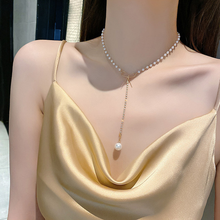 Load image into Gallery viewer, Dainty Pearl Drop Necklace, Minimalist Gold Filled Lariat, Bridesmaid Gift