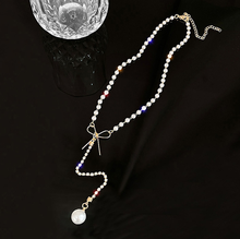 Load image into Gallery viewer, Dainty Pearl Drop Necklace, Minimalist Gold Filled Lariat, Bridesmaid Gift
