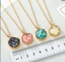 Load image into Gallery viewer, Acrylic Druzy Stone Faux Quartz Pendant Necklace - Geometric Round Charm Delicate Gold-Tone Chain