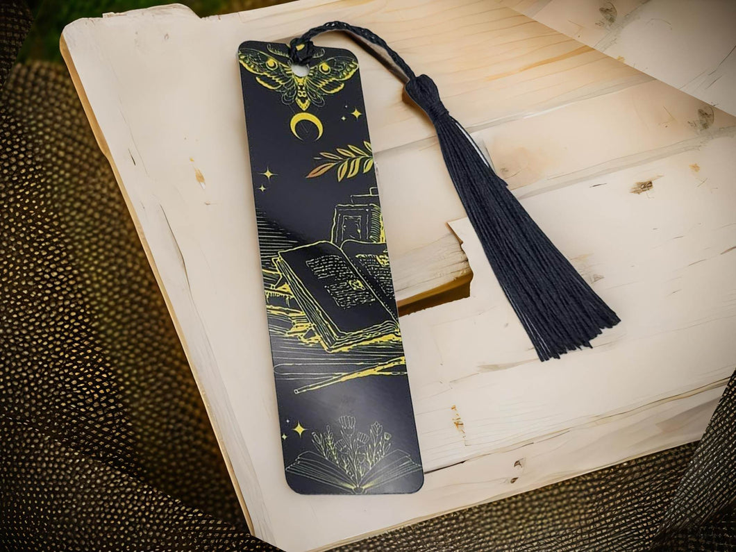 BOOKMARK: Yellow and Black Moon Crystal with Black Tassel