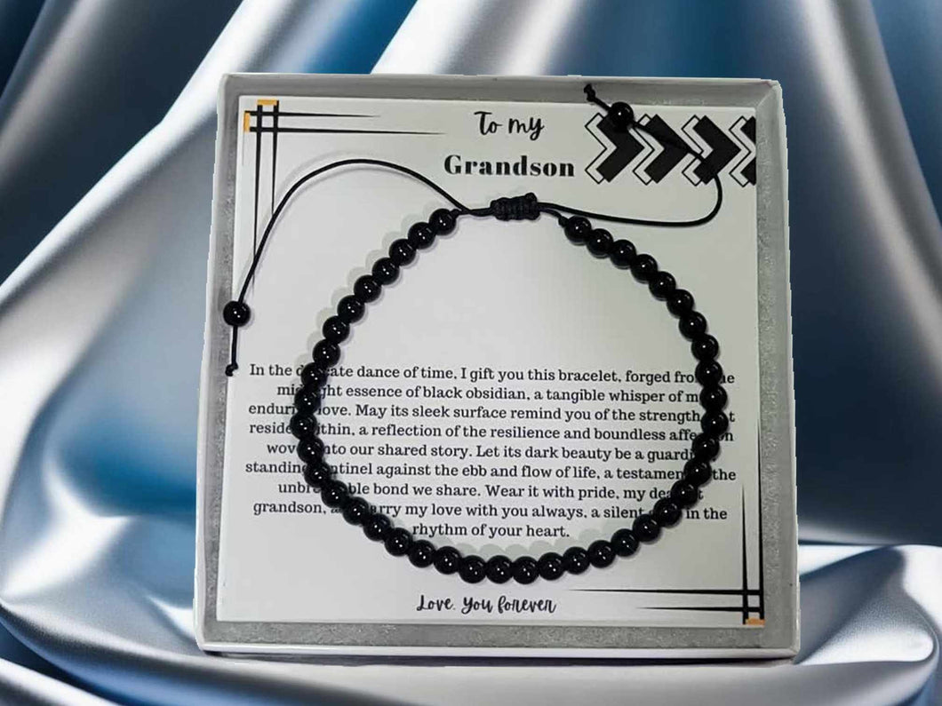 To My Grandson Love You Forever Generational Wisdom: Black Obsidian 4mm Beaded Bracelet