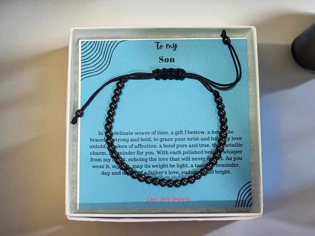 To My Son Love You Forever Hematite 4mm Beaded Bracelet for Your Son - Adjustable