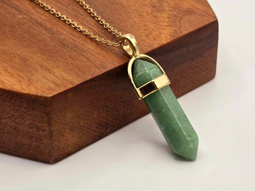 Elegant Gold Wire Wrapped Green Aventurine Point Necklace - 18 Inches