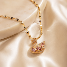 Load image into Gallery viewer, Gold Swan Necklace, Pink White Moissanite Pendant, Dainty Adjustable 18-Inch Jewelry, Tarnish Resistant Gift
