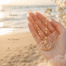Load image into Gallery viewer, Gold Swan Necklace, Pink White Moissanite Pendant, Dainty Adjustable 18-Inch Jewelry, Tarnish Resistant Gift
