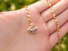 Load image into Gallery viewer, Gold Swan Necklace, Pink White Moissanite Pendant, Dainty Adjustable 18-Inch Jewelry, Tarnish Resistant Gift
