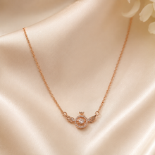 Load image into Gallery viewer, Rose Gold Angel Wings Necklace, Round Moissanite Crown Pendant, Dainty 18-Inch Adjustable Chain, Celestial Gift for Her
