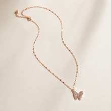 Load image into Gallery viewer, Rose Gold Butterfly Necklace, Pink and Clear Moissanite Pendant, Dainty 18-Inch Adjustable Chain, Minimalist Gift for Her
