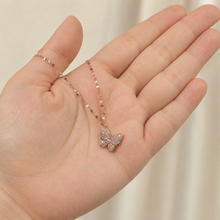 Load image into Gallery viewer, Rose Gold Butterfly Necklace, Pink and Clear Moissanite Pendant, Dainty 18-Inch Adjustable Chain, Minimalist Gift for Her
