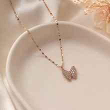 Load image into Gallery viewer, Rose Gold Butterfly Necklace, Pink and Clear Moissanite Pendant, Dainty 18-Inch Adjustable Chain, Minimalist Gift for Her
