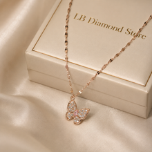 Load image into Gallery viewer, Rose Gold Butterfly Necklace, Pink and Clear Moissanite Pendant, Dainty 18-Inch Adjustable Chain, Minimalist Gift for Her
