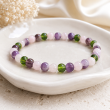 Load image into Gallery viewer, Rose Quartz Amethyst Moldavite Bracelet, 4mm Gemstone Stretch Bracelet, Spiritual Crystal Jewelry, Gift for Her

