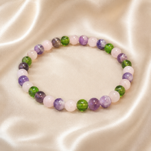 Load image into Gallery viewer, Rose Quartz Amethyst Moldavite Bracelet, 4mm Gemstone Stretch Bracelet, Spiritual Crystal Jewelry, Gift for Her
