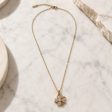 Load image into Gallery viewer, Gold Pinwheel Flower Necklace, Sparkling Crystal Pendant, 18 Inch Adjustable Chain, Elegant Gift for Her
