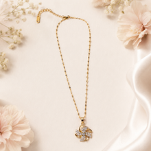 Load image into Gallery viewer, Gold Pinwheel Flower Necklace, Sparkling Crystal Pendant, 18 Inch Adjustable Chain, Elegant Gift for Her
