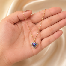Load image into Gallery viewer, Purple Heart Necklace, Iridescent Crystal Pendant, Gold Tone Stainless Steel, 18 Inch Adjustable Gift for Her
