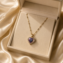 Load image into Gallery viewer, Purple Heart Necklace, Iridescent Crystal Pendant, Gold Tone Stainless Steel, 18 Inch Adjustable Gift for Her
