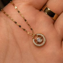 Load image into Gallery viewer, Gold Circle Pendant Necklace, Clear CZ Halo, 18 Inch Adjustable Stainless Steel Necklace, Elegant Gift for Her

