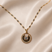 Load image into Gallery viewer, Gold Circle Pendant Necklace, Clear CZ Halo, 18 Inch Adjustable Stainless Steel Necklace, Elegant Gift for Her
