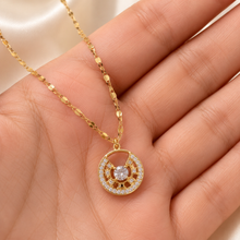 Load image into Gallery viewer, Gold Circle Pendant Necklace, Clear CZ Halo, 18 Inch Adjustable Stainless Steel Necklace, Elegant Gift for Her
