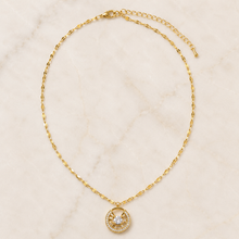 Load image into Gallery viewer, Gold Circle Pendant Necklace, Clear CZ Halo, 18 Inch Adjustable Stainless Steel Necklace, Elegant Gift for Her
