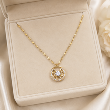Load image into Gallery viewer, Gold Circle Pendant Necklace, Clear CZ Halo, 18 Inch Adjustable Stainless Steel Necklace, Elegant Gift for Her
